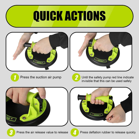 DEWINNER 8-inch glass suction cup vacuum lifter in lime green and black, shown with four-step operation guide.