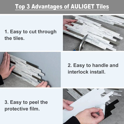 Hands demonstrating cutting, interlocking, and peeling of 20 Sheets Faux Stone Peel and Stick Backsplash Tiles in Beige Marble Look PVC.