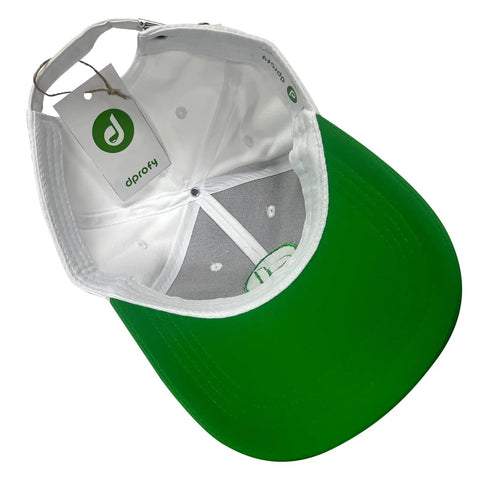 Interior view of adjustable golf hat for men and women, performance polyester cap, white and green, breathable comfort