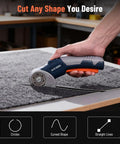 Katerk Cordless Electric Box Cutter With Safety Lock And Led Light cutting carpet, showcasing versatility for various shapes.