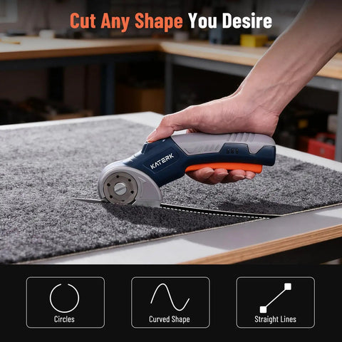 Katerk Cordless Electric Box Cutter With Safety Lock And Led Light cutting carpet, showcasing versatility for various shapes.