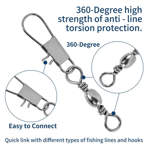 Close-up of 100 Piece Fishing Swivels Set In 5 Sizes 2 4 6 8 10 Barrel Snap Swivels For Quick Linking Of Lures And Lines Heavy Duty