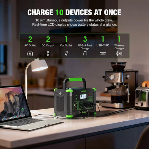 1000W Portable Power Station With 200W Solar Panels for RV and van life on a kitchen counter, powering devices.
