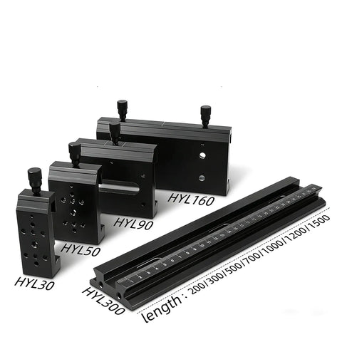 Heavy Duty X Axis Dovetail Linear Translation Stage Guide with components showing sizes HYL30, HYL50, HYL90, HYL160, HYL300.
