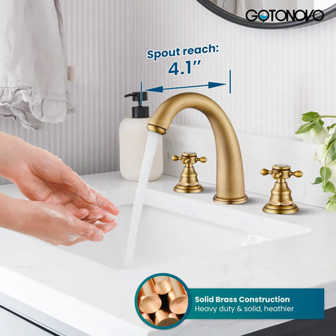8 Inch Widespread Bathroom Sink Faucet Set With 3 Hole 2 Cross Handles Deck Mount Antique Brass Finish flowing water