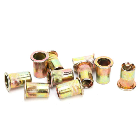 100-Piece M10 Zinc Plated Carbon Steel Rivet Nut Kit for Metal Plates and Pipes, showing zinc-plated nutserts with threading