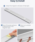Rechargeable Under Cabinet Light With 50 LED Motion Sensor showing magnetic installation steps, highlighting easy install, no fuss.