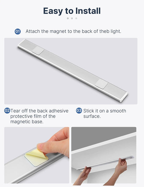 Rechargeable Under Cabinet Light With 50 LED Motion Sensor showing magnetic installation steps, highlighting easy install, no fuss.