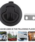 2-Inch Black UV Stabilized Flush Mount Slam Latch With Recessed Handle Ring for boats, RVs, and campers next to images of uses