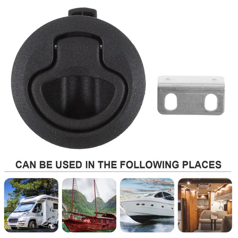 2-Inch Black UV Stabilized Flush Mount Slam Latch With Recessed Handle Ring for boats, RVs, and campers next to images of uses
