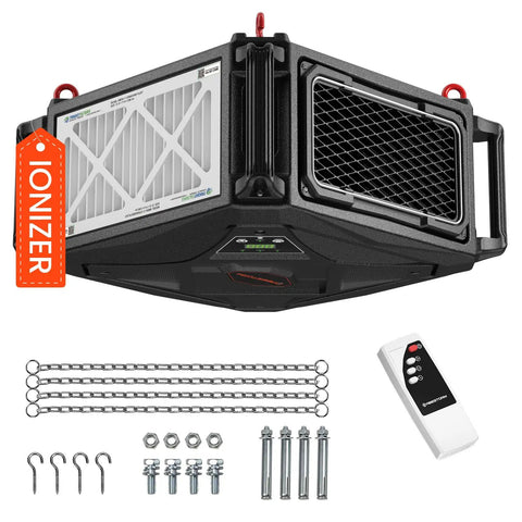 270 Degree Air Filtration System With Built In Ionizer And Remote Control, 780 CFM Hanging Dust Collector, installation kit visible