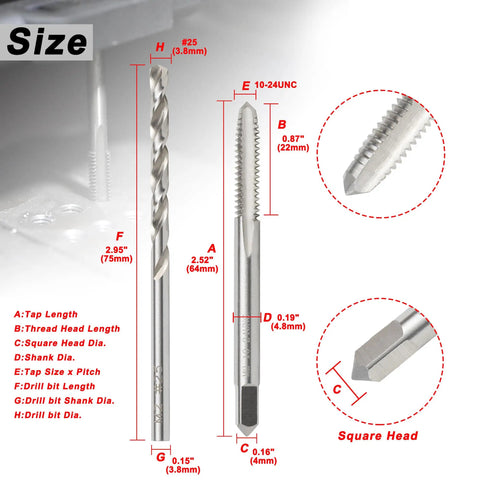 10-24 UNC Tap And Size 25 Drill Bit Set For Metal, M2 HSS drill and tap kit with detailed measurements diagram