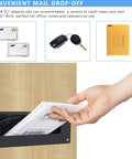 Hand inserting envelope into Through The Wall Mail Drop Chute Adjustable Two Piece Steel Deposit Slot For Documents Letters Payments Keys And Other Non Bulky Mail For Home Office And Commercial Use Up To 1 Inch Thick Heavy Duty Black D100