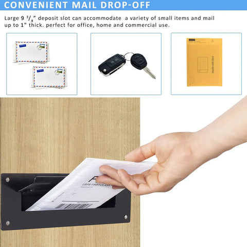 Hand inserting envelope into Through The Wall Mail Drop Chute Adjustable Two Piece Steel Deposit Slot For Documents Letters Payments Keys And Other Non Bulky Mail For Home Office And Commercial Use Up To 1 Inch Thick Heavy Duty Black D100