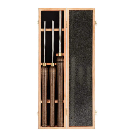 Badass 3 Piece HSS Bowl Gouge Set For Wood Turning Lathe Tools Pre Sharpened Heavy Duty High Speed Steel carving chisels in storage case.
