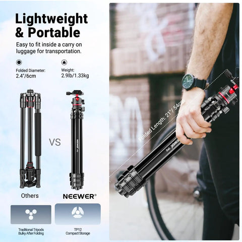 Person holding Travel Tripod For Camera And Phone, 66.5 Inch Tall Aluminum Stand with Arca Type Quick Release Plate, TP12