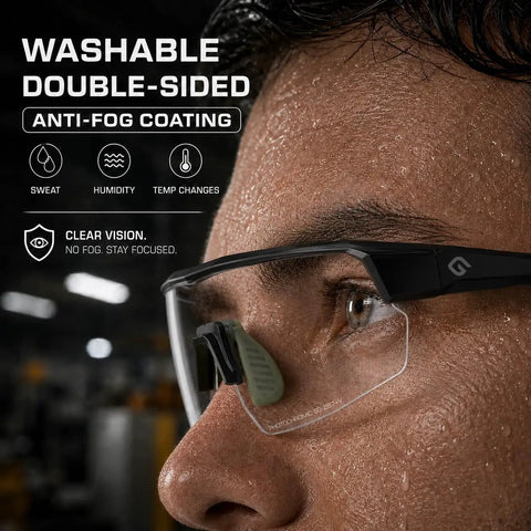 Boss Level Z87 Plus Impact Rated Safety Glasses Featuring Hella Slick Photochromic Lenses. Close-up showing anti-fog coating and military grade frame.