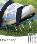 Heavy Duty Lawn Aerator Shoes Kit with 20 metal spikes for quick soil aeration, garden lawn pegs for healthier grass shown on sneaker