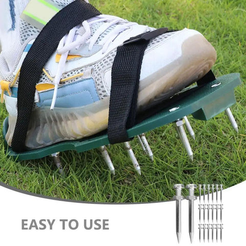 Heavy Duty Lawn Aerator Shoes Kit with 20 metal spikes for quick soil aeration, garden lawn pegs for healthier grass shown on sneaker