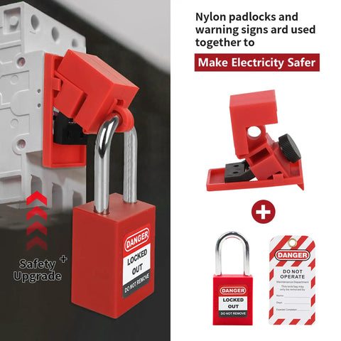 10 Pack Clamp On Circuit Breaker Lockout Devices For 120/277V Single Pole Systems shown with padlock and warning tag