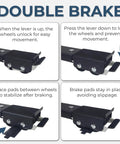 Double brake mechanism for Heavy Duty Appliance Dollies, showing unlocking and locking actions, stabilizing pads for safety.