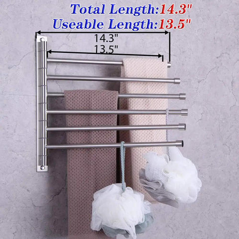 Six Arm Swing Arm Towel Bar Wall Mount Rack In Brushed Stainless Steel For Bathroom Space Saving Towel Organizer That Holds Six Towels And Air Dries Faster Easy Install Durable Modern with towel length measurements visible