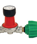 Bayou Classic high-pressure regulator with red body and black knob; adjustable 0–30 psi, 1/4 in FNPT, stainless steel