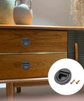 Wooden cabinet with two installed flush ring pull handles in black, inset showing Flush Ring Pull Handles Set Of 3 In Black 35mm 1.38 Inch Zinc Alloy Flush Pull Latch With Screws Durable Low Profile Mount For Cabinets Drawers Sliding Doors Pocket Doors Boat Latch And Furniture Applications Easy To Install.