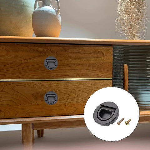 Wooden cabinet with two installed flush ring pull handles in black, inset showing Flush Ring Pull Handles Set Of 3 In Black 35mm 1.38 Inch Zinc Alloy Flush Pull Latch With Screws Durable Low Profile Mount For Cabinets Drawers Sliding Doors Pocket Doors Boat Latch And Furniture Applications Easy To Install.
