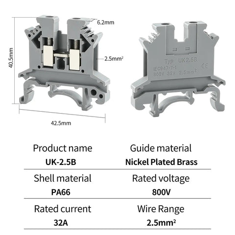 Dimensions and specifications of UK-2.5B Din Rail Wire Terminal Block 100Pcs Go-To Set For 12-22 AWG Cables, 20A 600V
