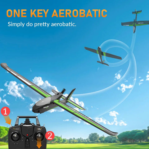 Dynamic display of 4 Channel RC Airplane For Adults With Sturdy Foam Build, showcasing one key stunts and remote control, blue sky background.