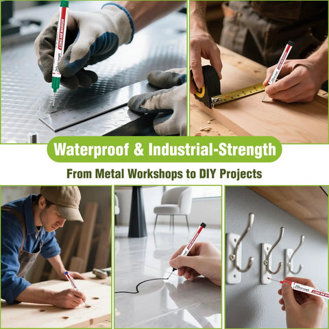 Premium Long Nib Markers And Deep Hole Marker Pens Waterproof Construction Marking Tools With Built In Ruler used on various surfaces.