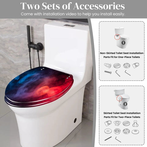 Toilet Seat Elongated Resin for Halloween Decor, showcasing installation accessories for skirter and non-skirter toilets.