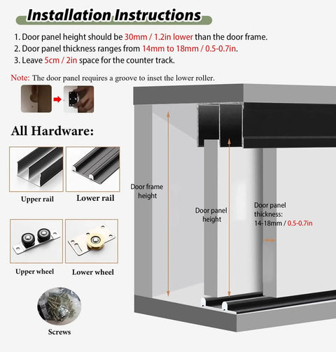 Installation instructions for Bypass Sliding Door Hardware Kit For Closet And Cabinet Doors with rails and rollers illustrated.