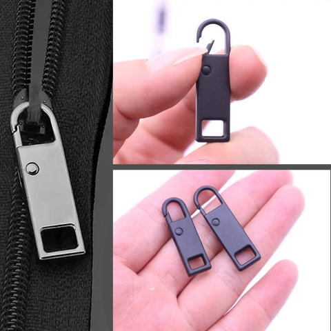 Close-up of 12 Pack Zipper Pull Tabs Replacement Set Upgraded Easy Fix Detachable Zipper Pulls In Black And Silver Two Sizes 36mm And 30mm For Luggage Jackets Backpacks Boots Purses Coats Durable Zinc Alloy, featuring pulls held in hand.