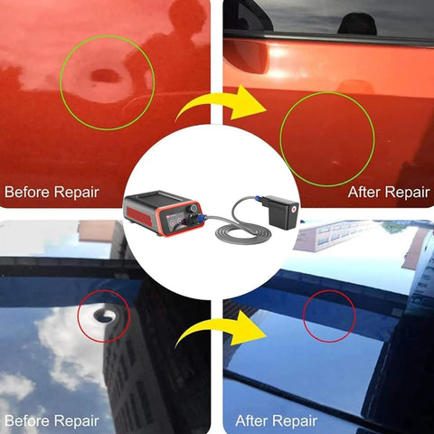Powerful 1500W Aluminum Car Dent Repair Tool With Adjustable Heat And Timing Electromagnetic Induction Heater shown before and after use on car dents.
