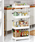 4 Tier Rolling Storage Cart Great For Tight Spaces On Wheels A Mobile Shelving Unit For Kitchen White, stocked with groceries