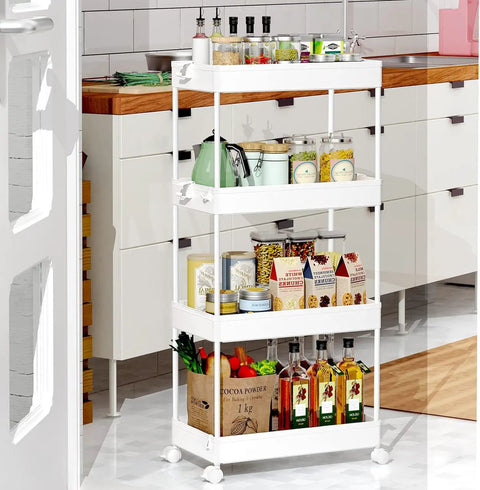 4 Tier Rolling Storage Cart Great For Tight Spaces On Wheels A Mobile Shelving Unit For Kitchen White, stocked with groceries