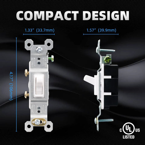 Single Pole Toggle Light Switch 15 Amp 120 Volt Quiet Framed In Wall On Off Replacement Self Grounding UL Listed Glossy White 5 Pack For Residential And Commercial Use Durable Thermoplastic Frame For Easy Install And Long Lasting Performance. compact side view with UL listed label