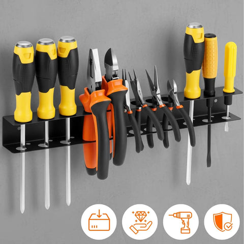 Heavy Duty Wall Mounted Tool Organizer for Garage and Workshop Pliers And Screwdriver Holder 15.75 Inch Dual Layer Steel Rack Rust Resistant Keeps Tools Neatly In Place And Ready To Grab displaying various tools