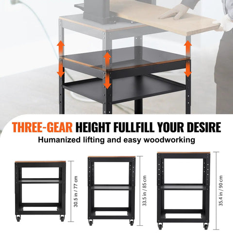 Dang Solid Thickness Planer Stand With Three Gear Height Adjustable Rolling Cart, showing height adjustments and metal frame.