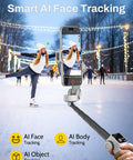 3 Axis Smartphone Gimbal Stabilizer for iPhone and Android with Bluetooth remote control, AI face tracking, white model in use on ice rink