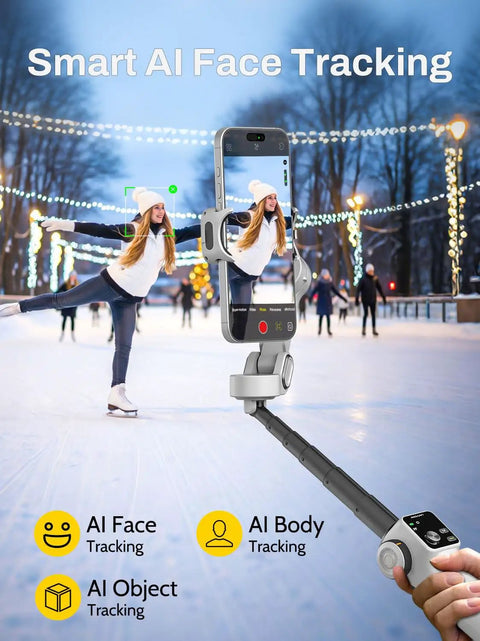 3 Axis Smartphone Gimbal Stabilizer for iPhone and Android with Bluetooth remote control, AI face tracking, white model in use on ice rink