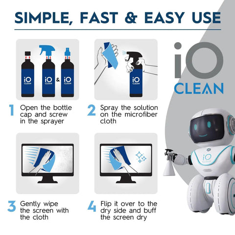 Instruction steps for using Screen Cleaner Spray 16 Oz All In One Cleaning Kit For LCD LED OLED TVs Smartphones Tablets Laptops Monitors And Other Devices with illustrations and robot