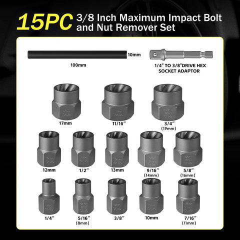 15 Piece Bolt Extractor Socket Set Built Like A Beast For Heavy Duty Nut Removal, includes 3/8-inch drive, storage case shown
