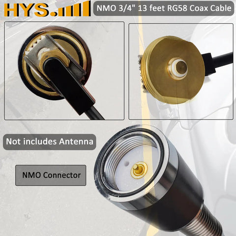 Rugged Vehicle Trunk Lid Hole Mount Antenna Bracket NMO PL259 with Thirteen Foot RG58 Coax Cable displaying detailed connector view.