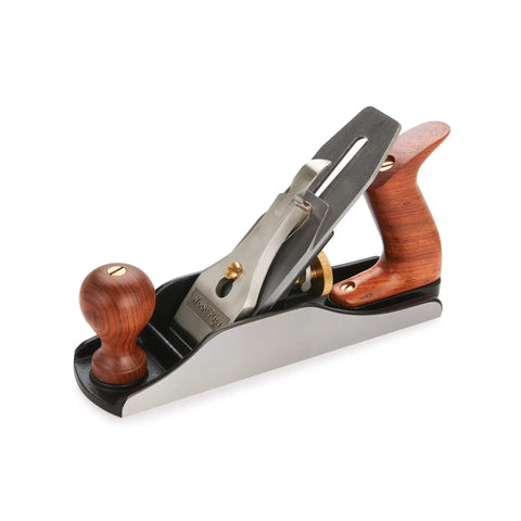Pro Grade Number Four Bench Plane Built Like A Tank For Intense Shop Sessions Smooths Rough Boards Effortlessly with Bubinga Handle.