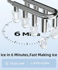 Compact Countertop Ice Maker With One Touch Auto Clean System That Skips The Grunt Work Cools Down Fast And Spits Out Crisp Crystal Clear Ice showing ice production cycle timer and clear ice cubes.