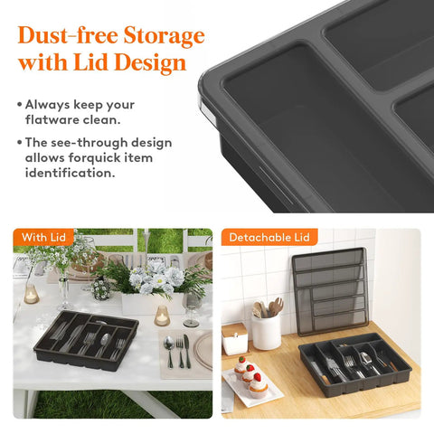 Sturdy Silverware Organizer With Lid For Drawer Or Countertop in use on table with detachable lid detail