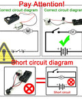 Correct and incorrect circuit diagrams for 18 Piece 3V DC Motor Kit For STEM Projects And Toys With 24000 RPM Gear Train 252 Plastic Gears Includes 2 AA Battery Holder And Wires Kid Friendly Fun Hands On Learning Set, illustrating proper motor connection and short circuit warning.